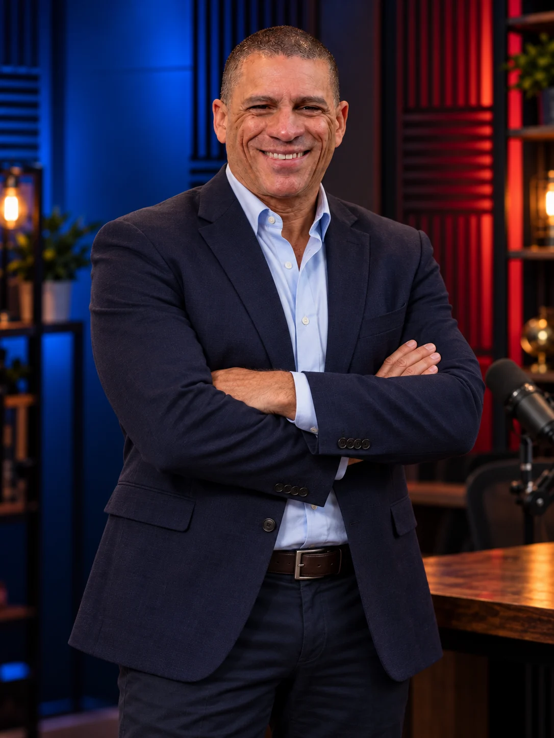 Generated portrait of Mark Garrett smiling with his arms crossed in a navy blazer