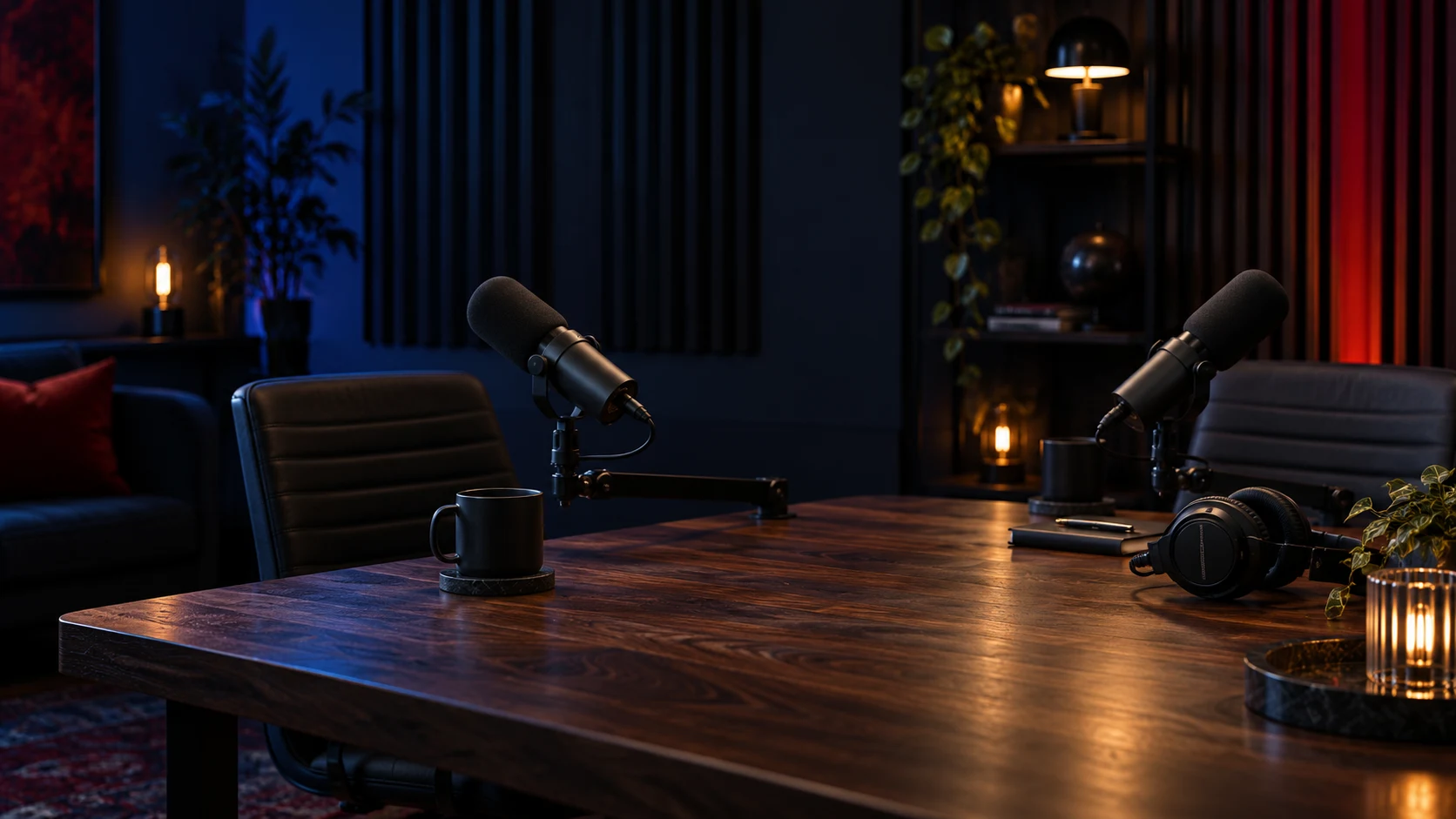 Two microphones on a warmly lit studio desk